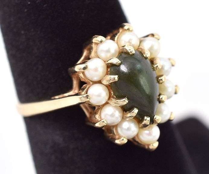 Soulful 10K Yellow Gold Nephrite and Pearl Seed Ring