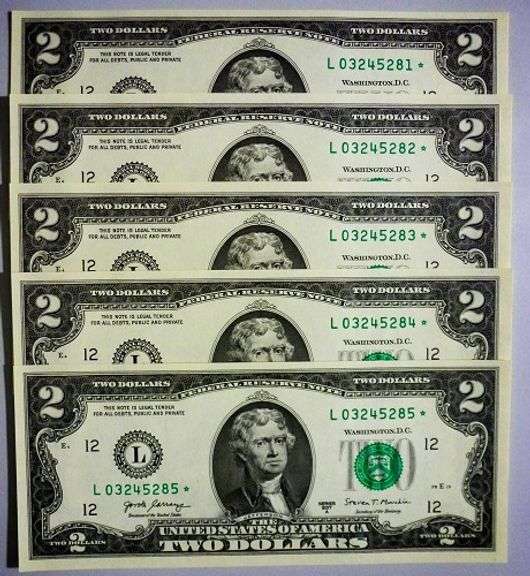 (5) Superb Crisp 2017A $2 Star Replacement Notes San Francisco-Consecutive!