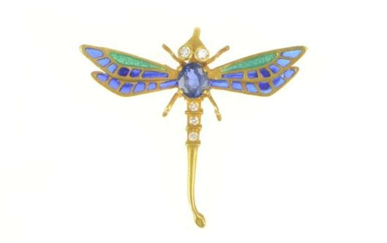 14K Yellow Gold 0.50 Ctw Sapphire Diamond Enamel Dragonfly Pin/Brooch