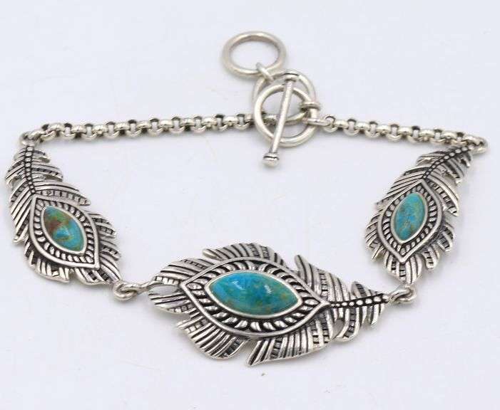 925 Sterling silver signed Turquoise feather link bracelet