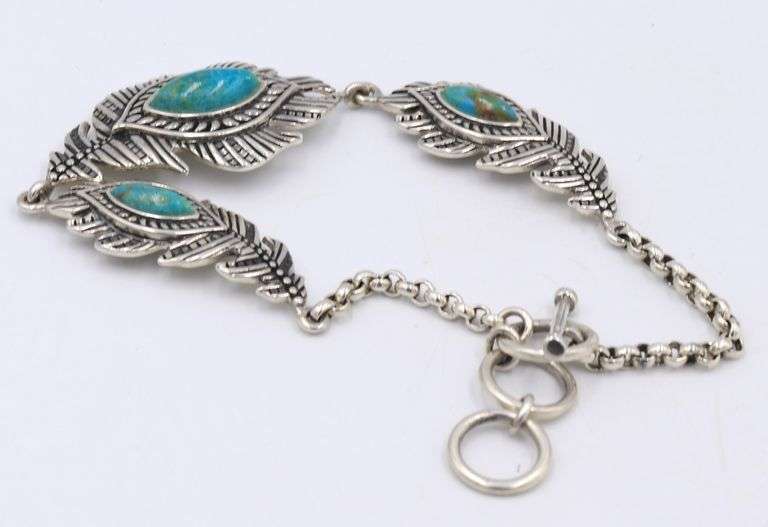 925 Sterling silver signed Turquoise feather link bracelet