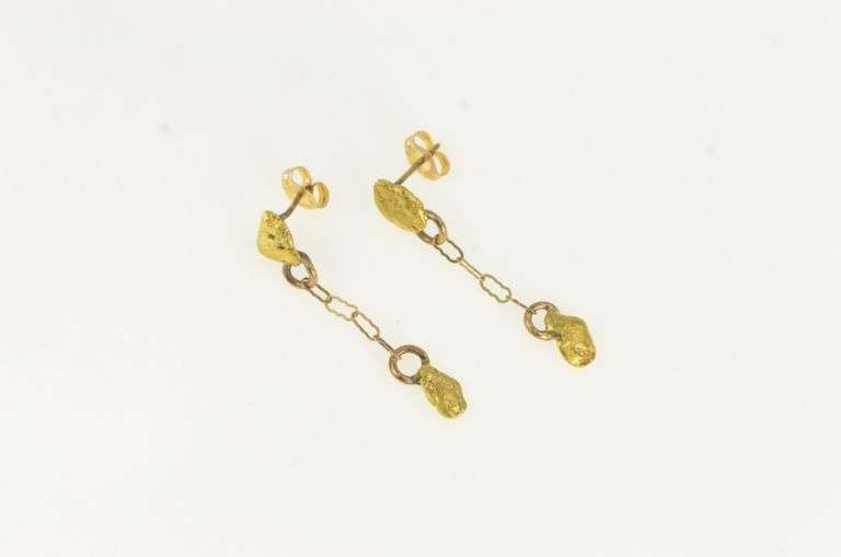 14K Yellow Gold Raw 24K Nugget Tiered Cluster Dangle Earrings