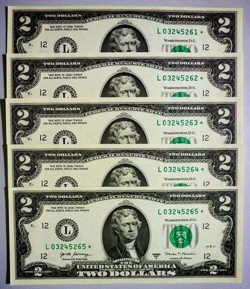 (5) Superb Crisp 2017A $2 Star Replacement Notes San Francisco-Consecutive!