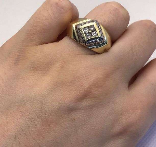 UNIQUE VINTAGE STYLE 14K YELLOW GOLD PRINCESS AND ROUND CUT MEN’S DIAMOND RING