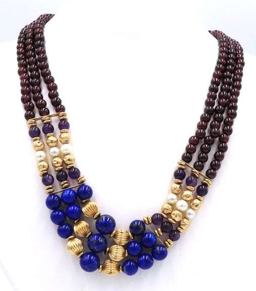 3 Row Garnet, pearl, lapis and gold beaded necklace