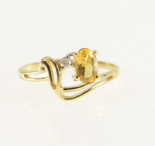 10K Yellow Gold Oval Citrine Diamond Accent Wavy Ring