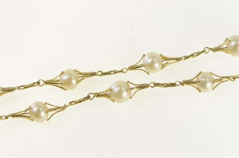 14K Yellow Gold Vintage Pearl Ornate Floral Motif Chain Necklace