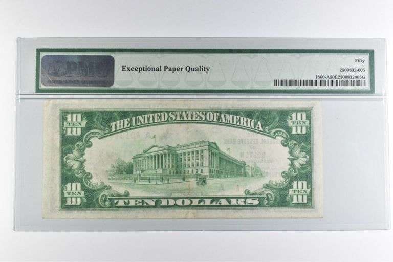 PMG About Unc 50 EPQ $10 1929 Boston, MA US FRN Brown Seal FR#1860-A