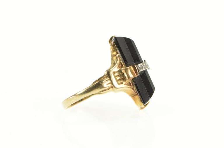 10K Yellow Gold Art Deco Black Onyx Diamond Ornate Statement Ring