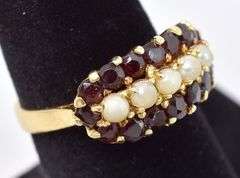 Fantastic 18K Yellow Gold Seed Pearl and Red Garnet Gemstone Ring