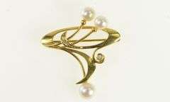 18K Yellow Gold Vintage Pearl Diamond Ornate Swirl Pin/Brooch