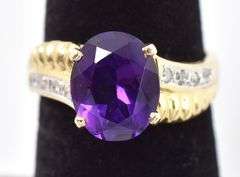 Beautiful 14K Yellow Gold Amethyst and Diamond Gemstone Ring