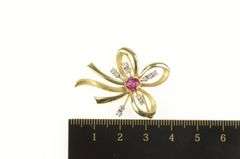 14K Yellow Gold 1930's Syn. Ruby Diamond Accent Bow Ribbon Pin/Brooch
