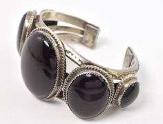 Bold Sterling Silver Native American Navajo Artist Tommy Moore Signed Black Onyx Cuff Bracelet