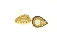 14K Yellow Gold Pear Natural Opal Diamond Halo Stud Earrings