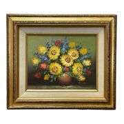 Signed Sunflowers Still Life Original Oil Painting on Canvas in Wooden Frame