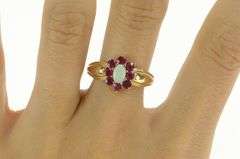 14K Yellow Gold Natural Opal Ruby Halo Unique Statement Ring