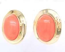14kt Yellow gold oval coral cab earrings