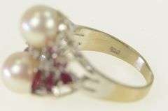 18K White Gold 1950's Pearl Diamond Ruby Cluster Ring