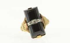 10K Yellow Gold Art Deco Black Onyx Diamond Ornate Statement Ring