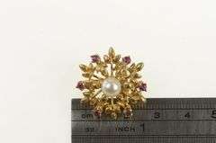 14K Yellow Gold 1960's Pearl Ruby Ornate Floral Round Pin/Brooch
