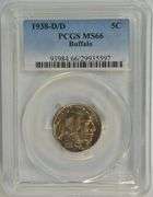 Superb Gem BU 1938-D/D Buffalo Nickel. PCGS MS66