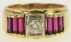 14K Yellow Gold 1930's Diamond Syn. Ruby Bar Men's Ring