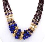 3 Row Garnet, pearl, lapis and gold beaded necklace