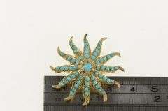 14K Yellow Gold Victorian Turquoise Ornate Sun Flower Pin/Brooch