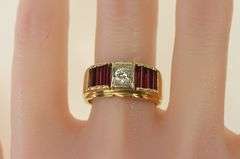 14K Yellow Gold 1930's Diamond Syn. Ruby Bar Men's Ring
