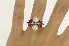18K White Gold 1950's Pearl Diamond Ruby Cluster Ring
