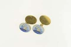 18K Yellow Gold Victorian Painted Ceramic Boat Ship Sail Cuff Links
