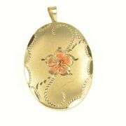 Gold Filled Orange Enamel Flower Oval Photo Locket Pendant