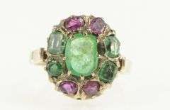 14K Yellow Gold Victorian Emerald Pink Sapphire Oval Cocktail Ring