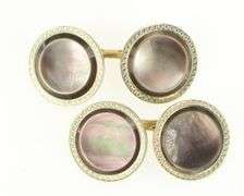 10K Yellow Gold Art Deco Round Abalone Pinstriped Circle Cuff Links