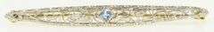 14K Yellow Gold Art Deco Filigree Blue Topaz Bar Pin/Brooch