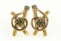 14K Yellow Gold Victorian Emerald Seed Pearl Flower Swirl Bar Earrings