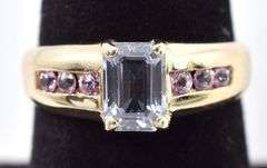 Beautiful 14K Yellow Gold Aquamarine and Pink Gemstone Ring