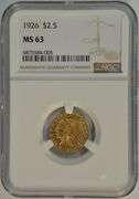 Very Choice BU 1926 US $2.50 Indian Gold Piece. NGC MS63