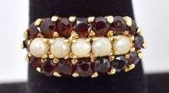 Fantastic 18K Yellow Gold Seed Pearl and Red Garnet Gemstone Ring