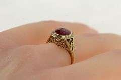 14K Yellow Gold Art Deco Syn. Ruby Leaf Vine Filigree Ring