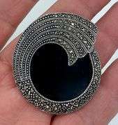 Vintage Sterling Silver Marcasite and Onyx Brooch Pin, Signed FAS 925
