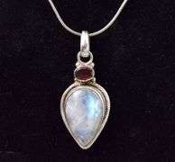 Superb Sterling Silver Moonstone and Ruby Gemstone Pendant Necklace