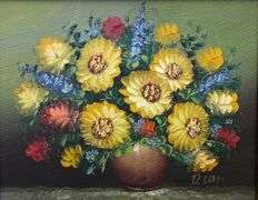 Signed Sunflowers Still Life Original Oil Painting on Canvas in Wooden Frame