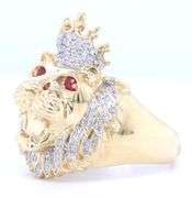 10kt Yellow gold 1ctw diamond and ruby eye lion head ring