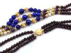 3 Row Garnet, pearl, lapis and gold beaded necklace
