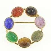 Gold Filled 1960's Egyptian Scarab Carved Stone Circle Pin/Brooch