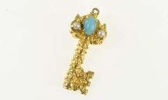 18K Yellow Gold Skeleton Key Turquoise Pearl Loyalty Charm/Pendant