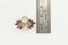 18K White Gold 1950's Pearl Diamond Ruby Cluster Ring