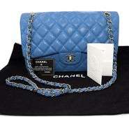 CHANEL Blue Quilted Jumbo Classic Double Flap, Caviar Leather Shoulder Bag W/ Dustbag & Card